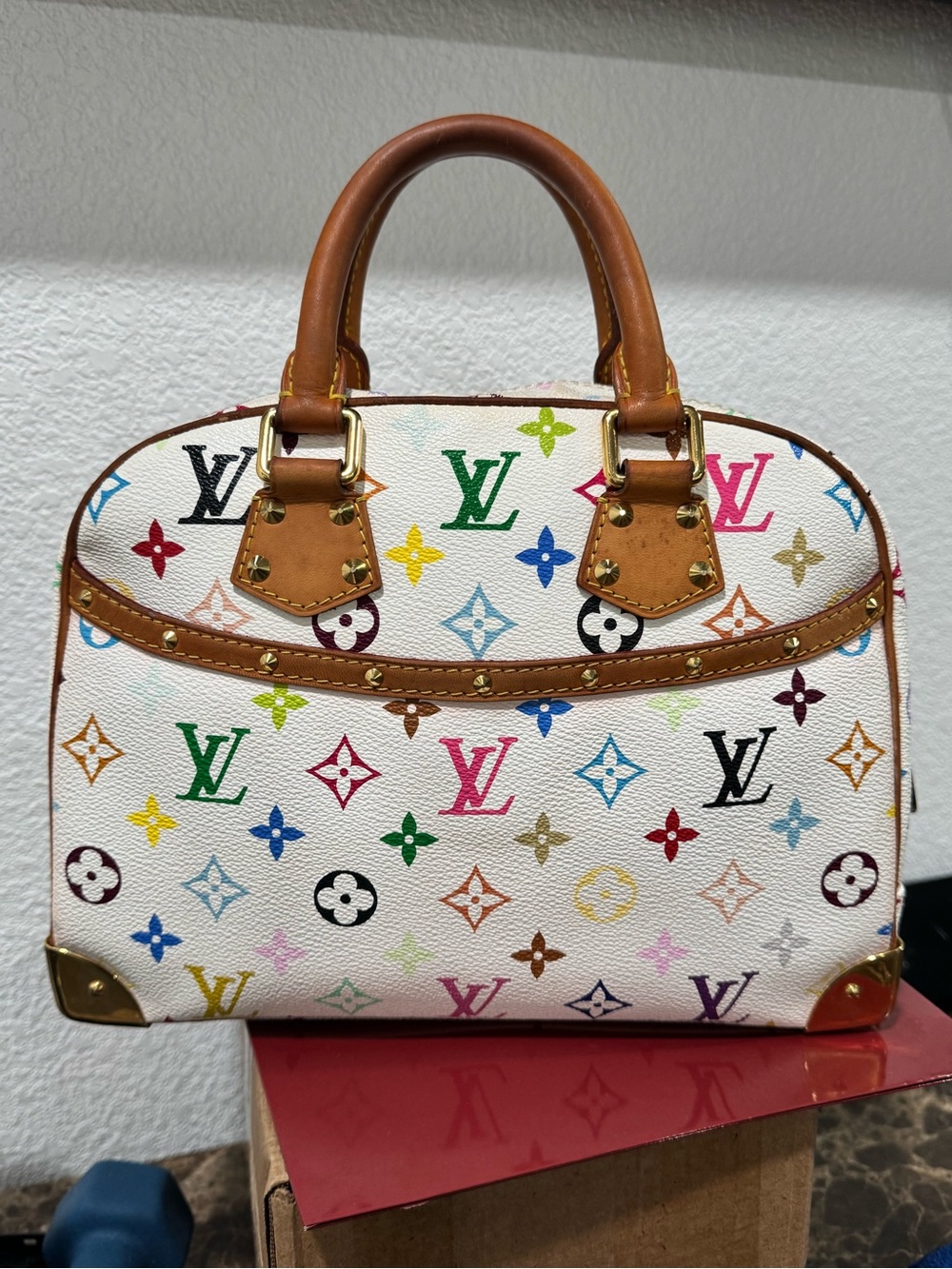 Louis Vuitton Multicolor Monogram Satchel - White with Brown Trim